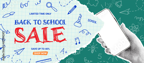 Seasonal banner for Back to school sale. Vector collage with halftone hand holding phone with torn paper, doodle elements. Retro banner concept for Back to school sale. Discount offer.