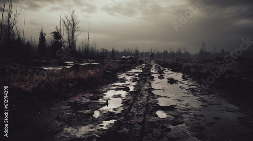 An old road with mud and puddles. Creepy and gloomy atmosphere. Generative Ai