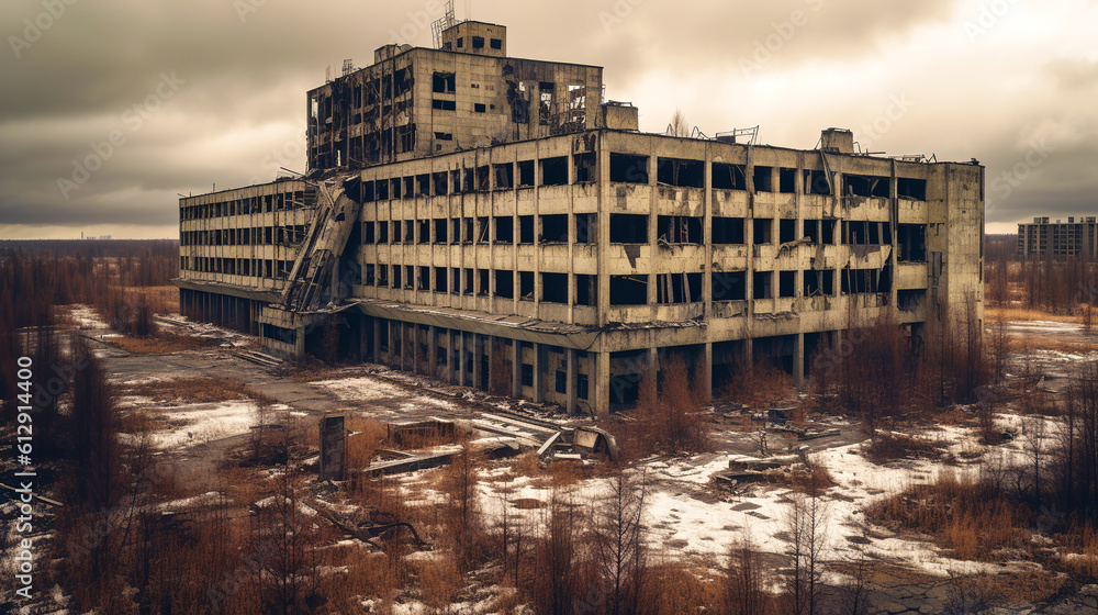 A large abandoned building of a large enterprise with overgrown terrain and snow. Dead City. Generative Ai