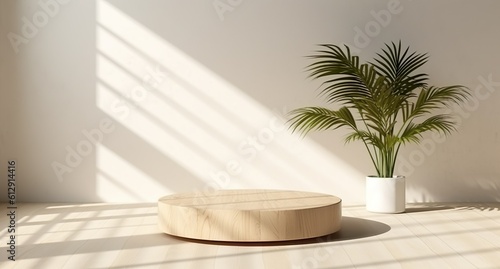 Empty wooden podium with monstera leaves on background  natural shadows design. Beauty product display. Organic Natural concept. Mock up  Spa. Generative ai