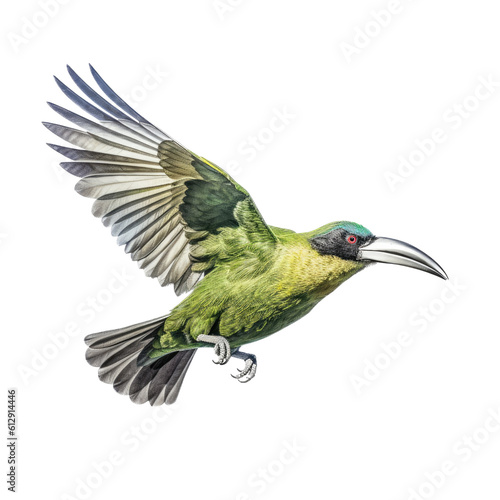 an Emerald Toucanette in flight in various positions, rainforest jewel, Wildlife-themed, photorealistic illustrations in a PNG, cutout, and isolated. Generative AI © Purple Penguin GFX
