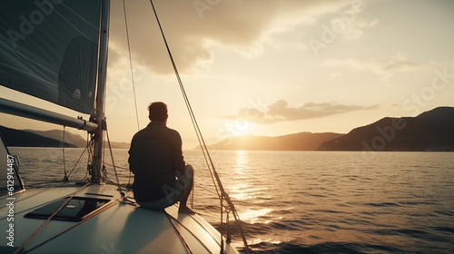 Man adjusting the sail on a catamaran, freedom, wealth, and the success of an affluent lifestyle, generative ai