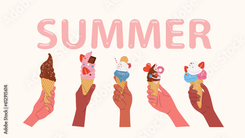 Different hands holding ice creams in wafer style cone. Summer concept. Vector cartoon flat style illustration