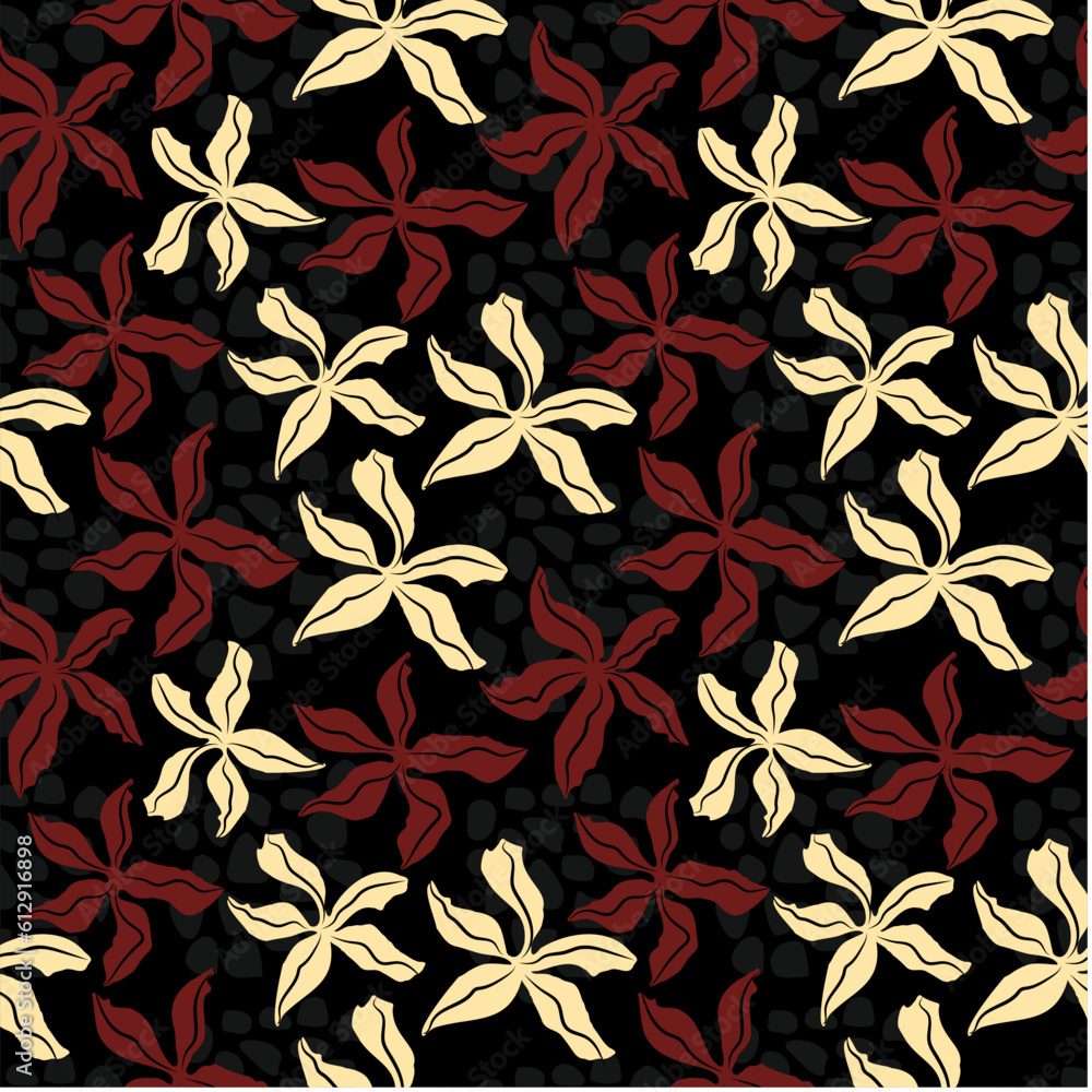 Hand drawn floral seamless repeat pattern. flowers and shapes in black beige and maroon background. floral textile print Hand drawn floral seamless repeat pattern. flowers and shapes in black beige and maroon background. floral textile print
