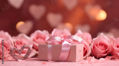 Pink gift box with bow and a bouquet of roses on a pink background with hearts. Generative AI