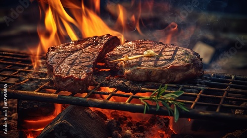 Grilling entrecote on a barbecue with fire Generative AI
