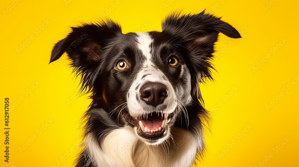 Fototapeta premium Border Collie Dog on Isolated Yellow Colored Background Generative AI
