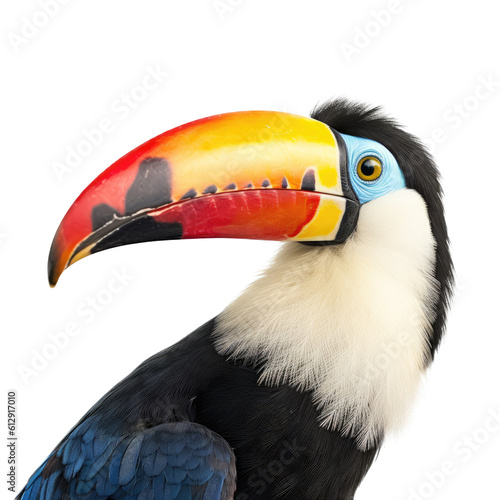a Toco Toucan portrait in various positions, rainforest clown, Wildlife-themed, photorealistic illustrations in a PNG, cutout, and isolated. Generative AI