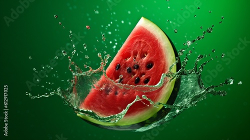 Water splashing on Sliced of watermelon on green background Generative AI