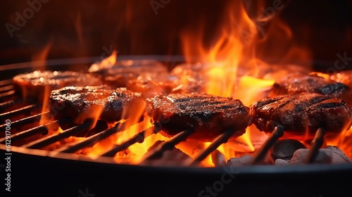 Barbecue Grill Pit With Glowing And Flaming Hot Charcoal Briquettes, Close-Up Generative AI