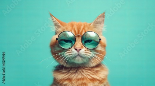 Closeup portrait of funny ginger cat wearing sunglasses isolated on light cyan. Copyspace Generative AI