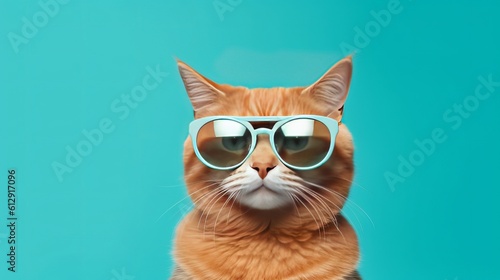 Closeup portrait of funny ginger cat wearing sunglasses isolated on light cyan. Copyspace Generative AI © Suleyman