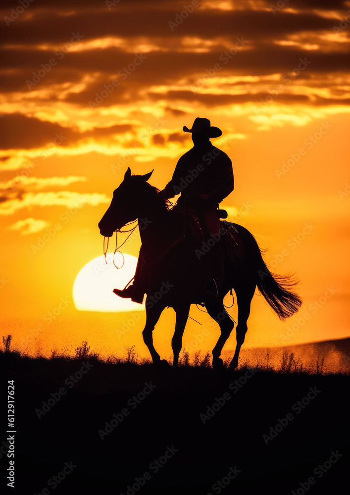 Cowboy riding a horse into sunset, only silhouette visible against orange sky. Generative AI