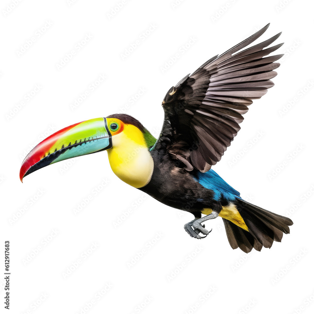 a Keeled Billed Toucan in flight, in various positions, rainforest color, Wildlife-themed, photorealistic illustrations in a PNG, cutout, and isolated. Generative AI a Keeled Billed Toucan in flight, in various positions, rainforest color, Wildlife-themed, photorealistic illustrations in a PNG, cutout, and isolated. Generative AI