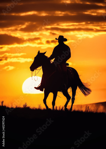 Cowboy riding a horse into sunset, only silhouette visible against orange sky. Generative AI © Lubo Ivanko