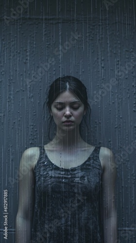 Portrait of a woman in the rain, beautiful close shot, 