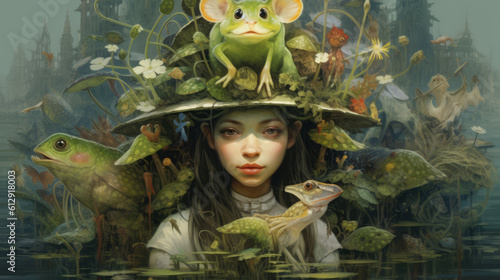 Based on the fairy tale princess frog. A beautiful Thumbelina girl, a forest nymph created in AI. photo