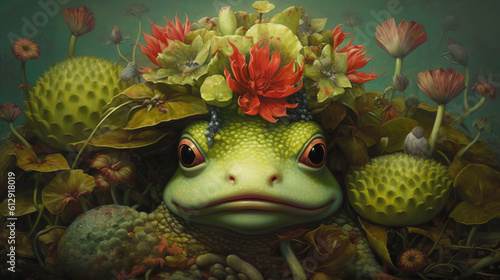 Princess frog in the crown. Character for children's fairy tales and books. Created in AI. photo