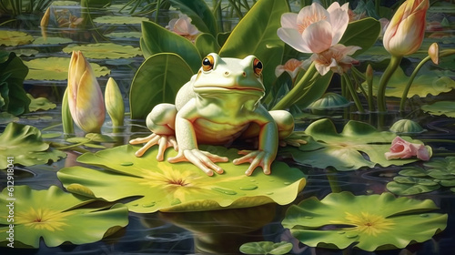 Princess frog in the crown. Character for children's fairy tales and books. Created in AI.