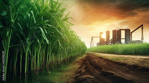 Fotografiet Agriculture, Sugarcane field at sunset
