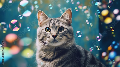 Domestic thoroughbred cat in soap bubbles at a party of favorite pets. Photo of a cat for a veterinary clinic or pet store. Created in AI.