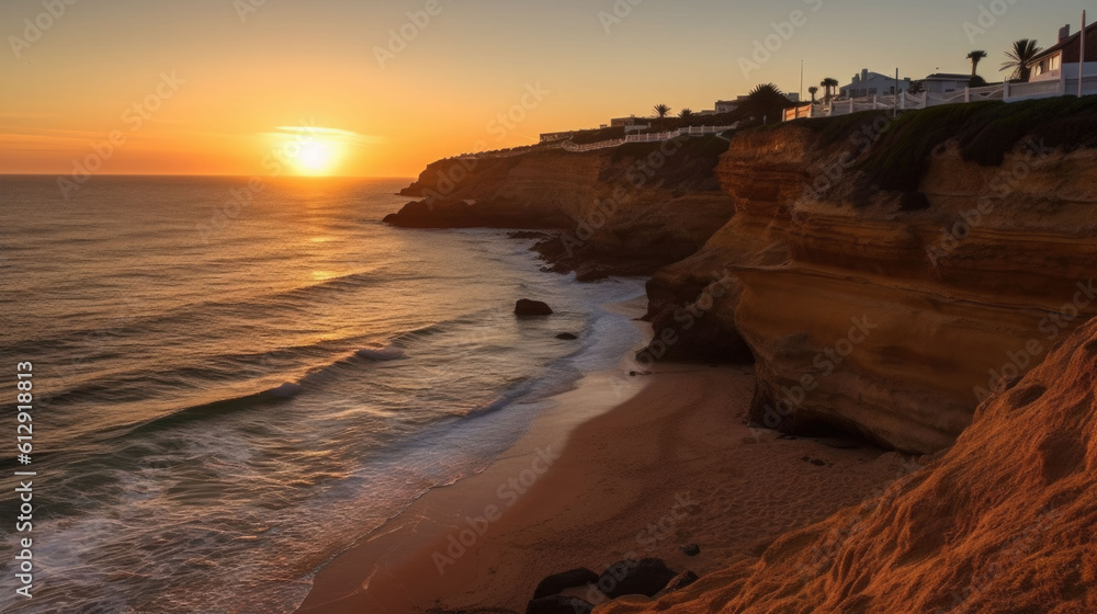 a steep coast by the sea at sunset. Generative AI a steep coast by the sea at sunset. Generative AI