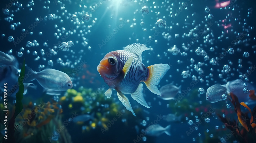 Exotic black goldfish in the aquarium. Pet fish telescope. Created in AI. Exotic black goldfish in the aquarium. Pet fish telescope. Created in AI.