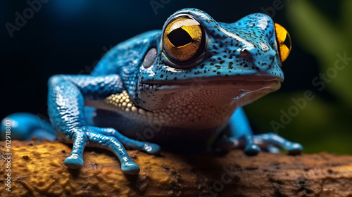 Poisonous blue frog in a tropical area. Beautiful blue dart frog. Created in AI.