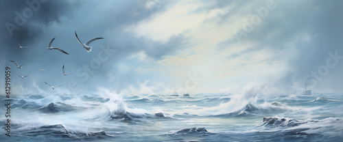 Coastal Harmony: Serene Seascape Painting of the Majestic Sea ,Generative AI