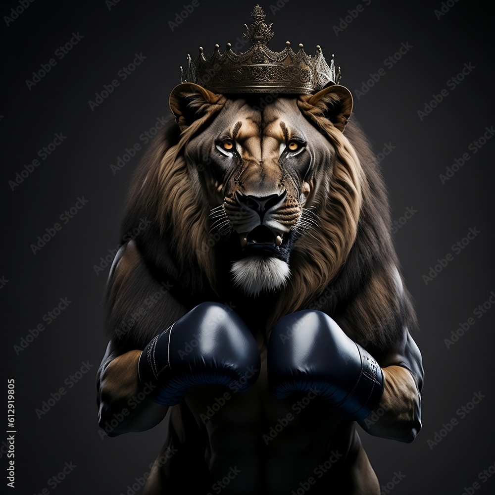 Angry lion illustration with boxing gloves. Generative AI	