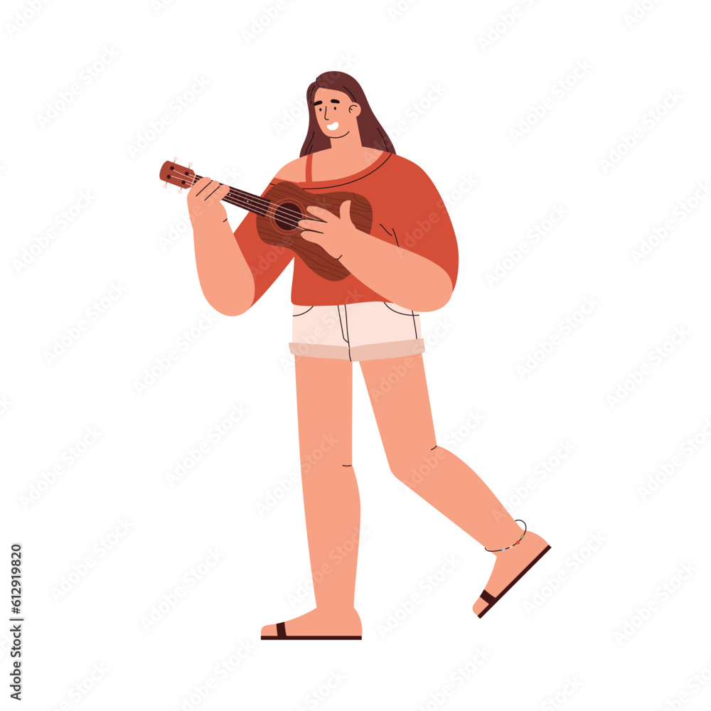 Going young woman with bracelet on leg playing ukulele flat style Going young woman with bracelet on leg playing ukulele flat style