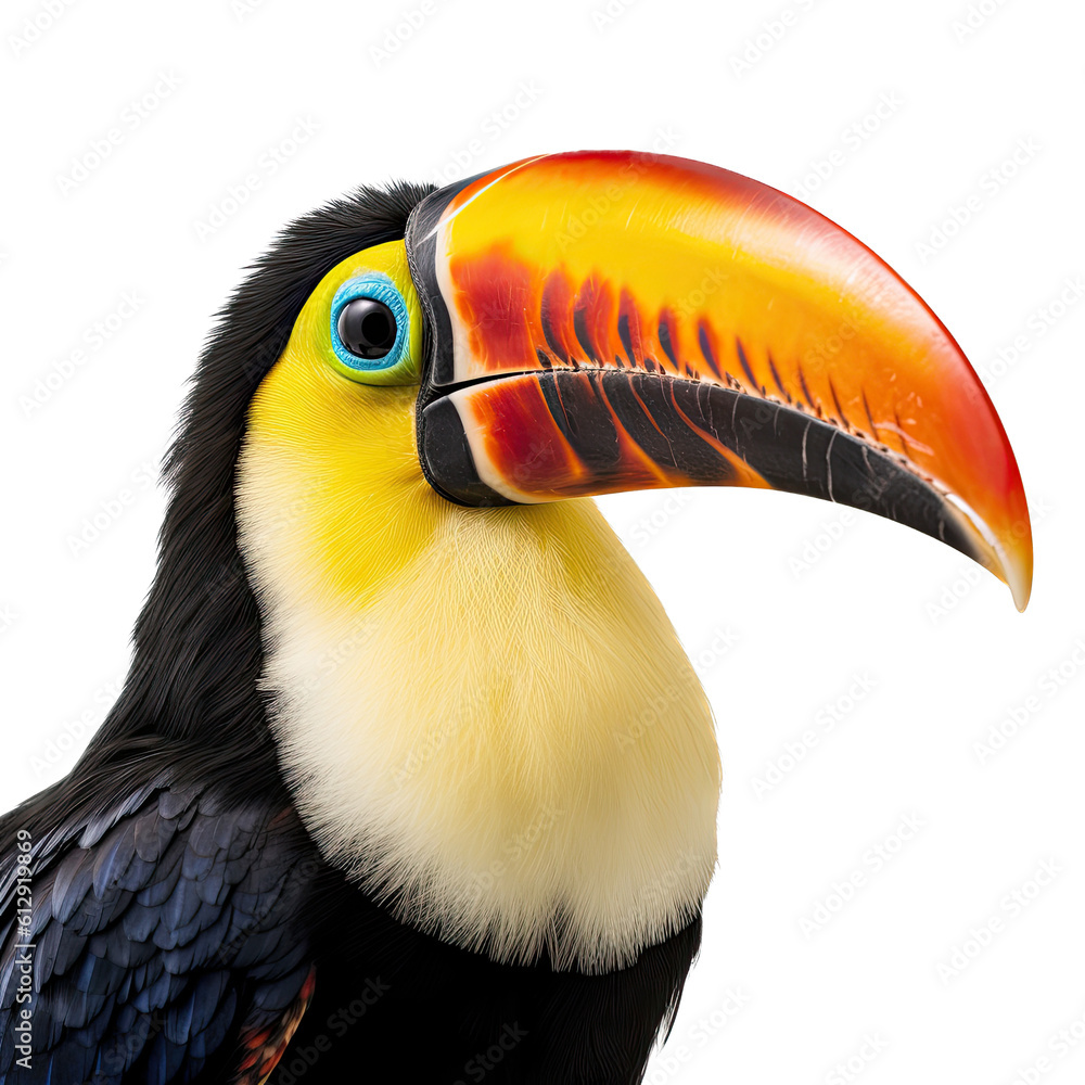 Obraz premium a Toco Toucan portrait in various positions, rainforest clown, Wildlife-themed, photorealistic illustrations in a PNG, cutout, and isolated. Generative AI