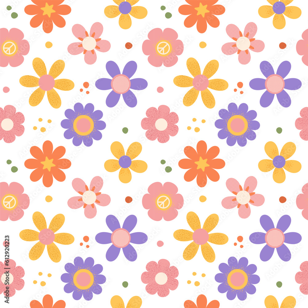 1970s retro style Daisy Flowers Seamless Pattern in Yellow, Red, Pink and purple Colors. Flat grainy textured Vector Illustration. Seventies Style, Groovy Background, Hippie Aesthetic.