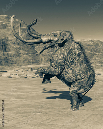 colossadon mammoth is prancing up on the dry desert