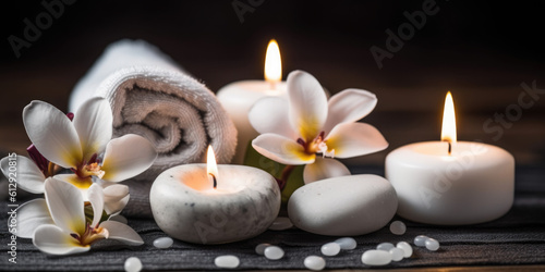 Spa  massage and body treatment composition  with  towels  candles and spa stones 