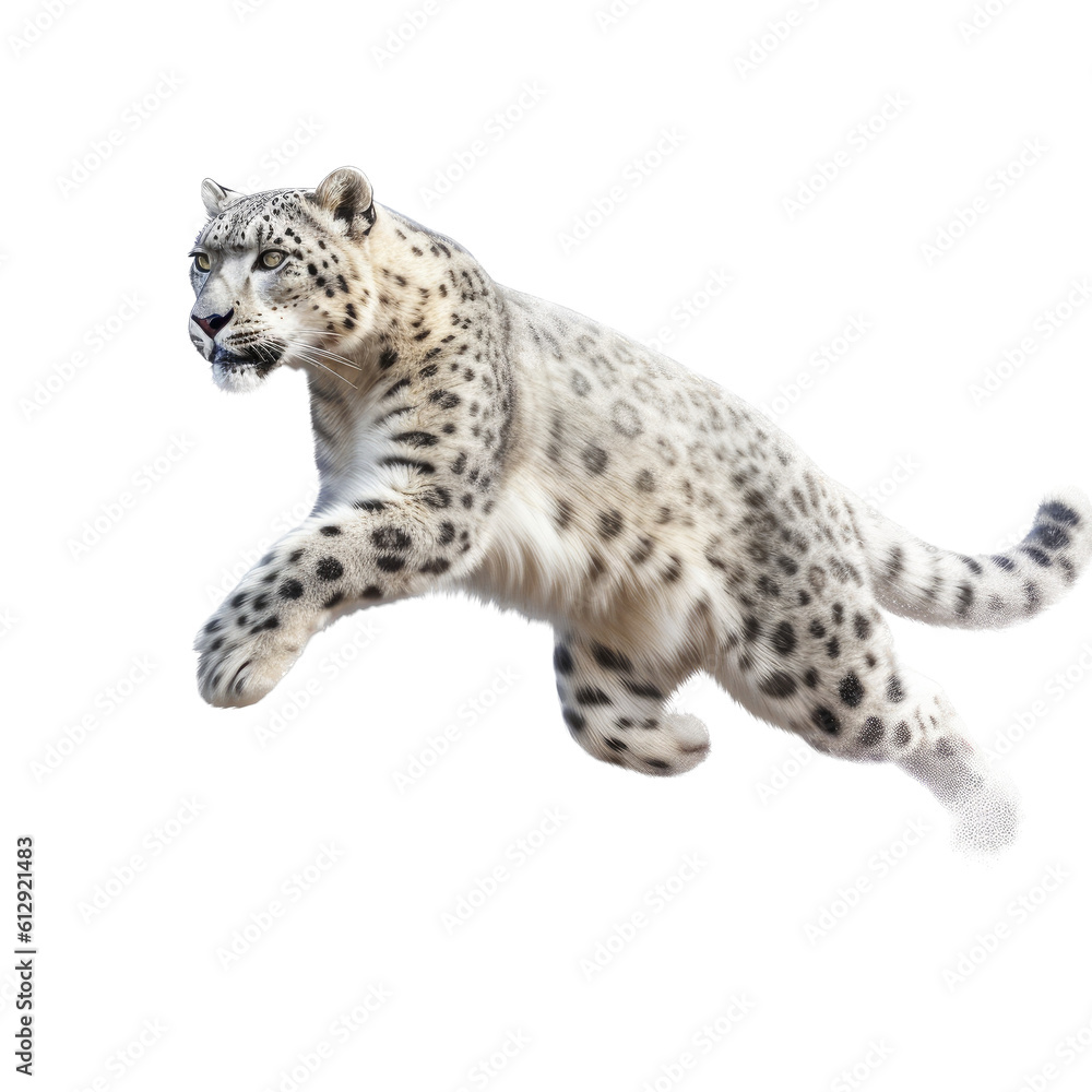 a Snow Leopard running and leaping in various positions, full body, big cat, majestic creature, Wildlife-themed, photorealistic illustrations in a PNG, cutout, and isolated. Generative AI a Snow Leopard running and leaping in various positions, full body, big cat, majestic creature, Wildlife-themed, photorealistic illustrations in a PNG, cutout, and isolated. Generative AI