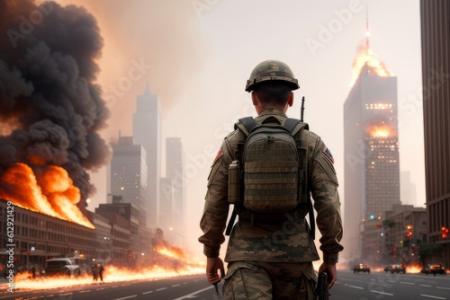 A soldier with a gun and a backpack stands on the road in ruined city, from which smoke comes, war, explosions, fire, smoke. landscape with the ruined construction of a family house. Generative AI