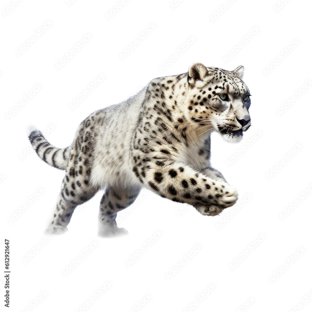 a Snow Leopard running and leaping in various positions, full body, big cat, majestic creature, Wildlife-themed, photorealistic illustrations in a PNG, cutout, and isolated. Generative AI a Snow Leopard running and leaping in various positions, full body, big cat, majestic creature, Wildlife-themed, photorealistic illustrations in a PNG, cutout, and isolated. Generative AI