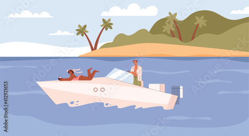 People sailing on luxury pleasure boat flat cartoon vector illustrations.