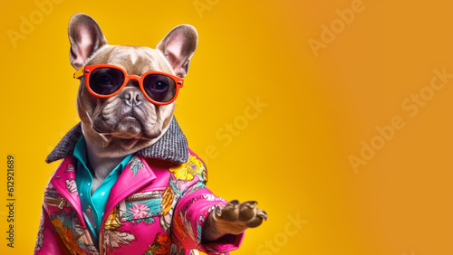 Cool looking French bulldog dog wearing funky fashion dress - jacket, tie, glasses. Wide banner with space for text right side. Stylish animal posing as supermodel. Generative AI photo