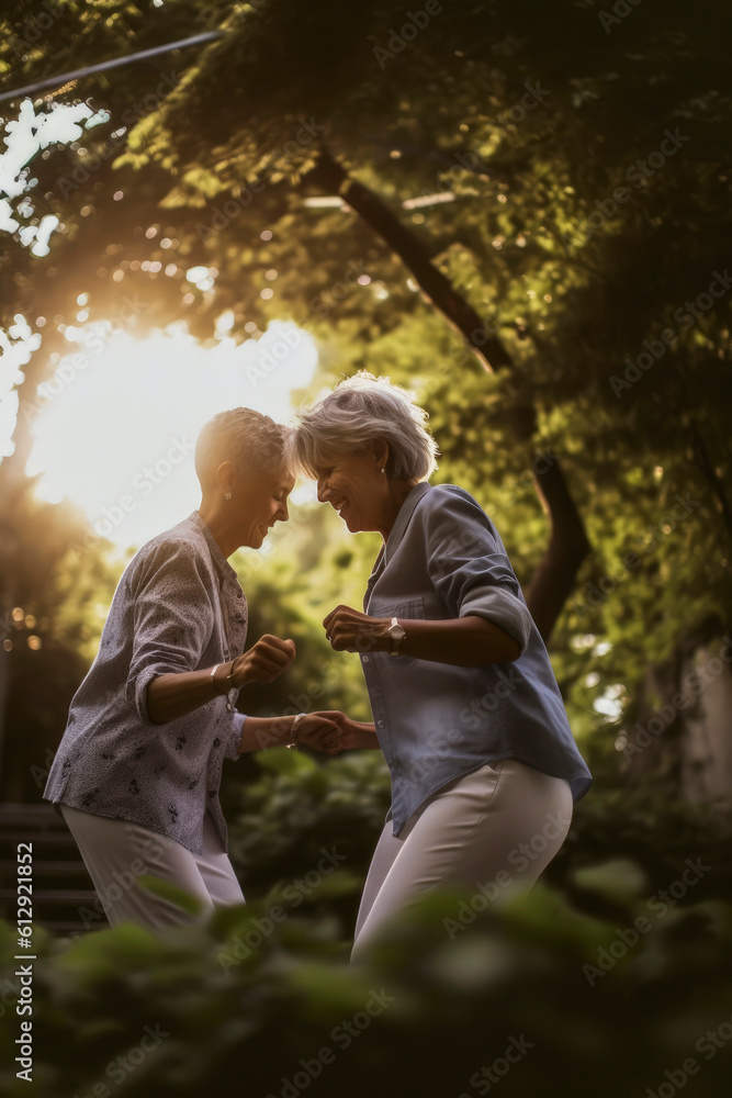 Fototapeta premium Generative AI illustration of happy lesbian couple in love dancing in a garden at sunset