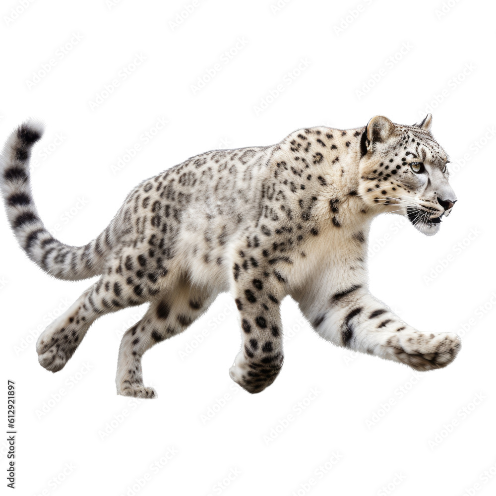 Naklejka premium a Snow Leopard running and leaping in various positions, full body, big cat, majestic creature, Wildlife-themed, photorealistic illustrations in a PNG, cutout, and isolated. Generative AI