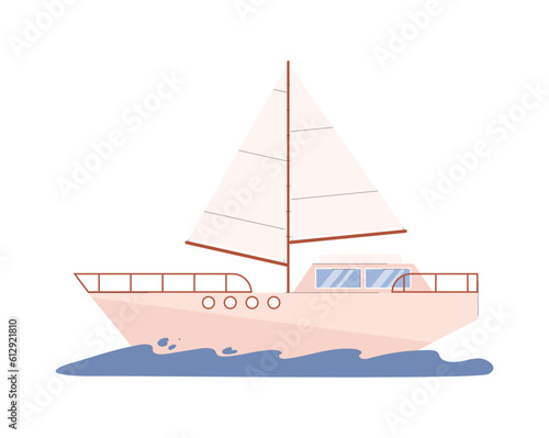 Travel ship with sail in water flat style, vector illustration