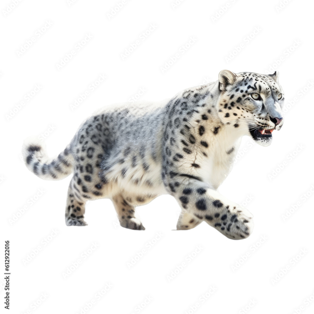 Naklejka premium a Snow Leopard running and leaping in various positions, full body, big cat, majestic creature, Wildlife-themed, photorealistic illustrations in a PNG, cutout, and isolated. Generative AI
