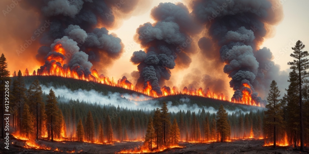 A tree devoured by flames. Climate change. Emergency natural problem Enviromental Burning trees fire and smoke Forest Fire Wildfire burning. Ecological disaster. Generative AI