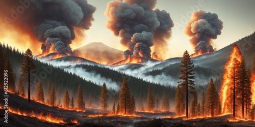 Burning forest spruces in fire flames, nature disaster concept illustration background, poster danger, careful with fires in the woods. Ecological disaster. Generative AI