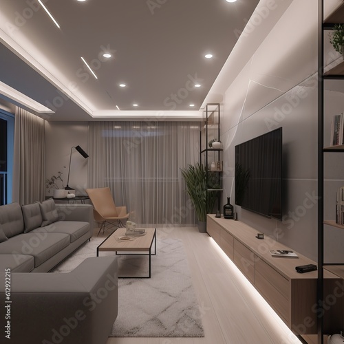 The living room decoration design is modern and simple  with a width of 4 meters and a length of 8 meters  and a balcony   AI Generated  