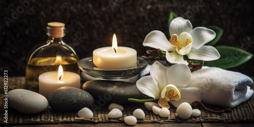 Spa, massage and body treatment composition, with towels, candles and spa stones 