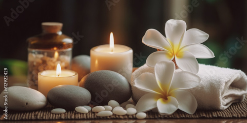 Spa  massage and body treatment composition  with  towels  candles and spa stones 