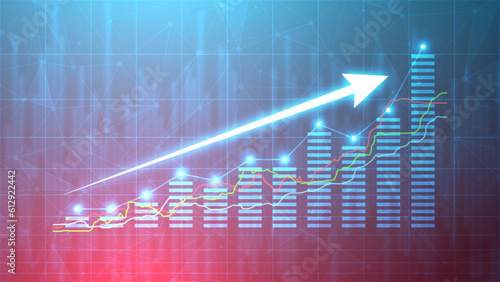 Business growth illustration with the bar chart static and up arrow. Successful financial graphic on blue background. Stock market growth in futuristic technology style.